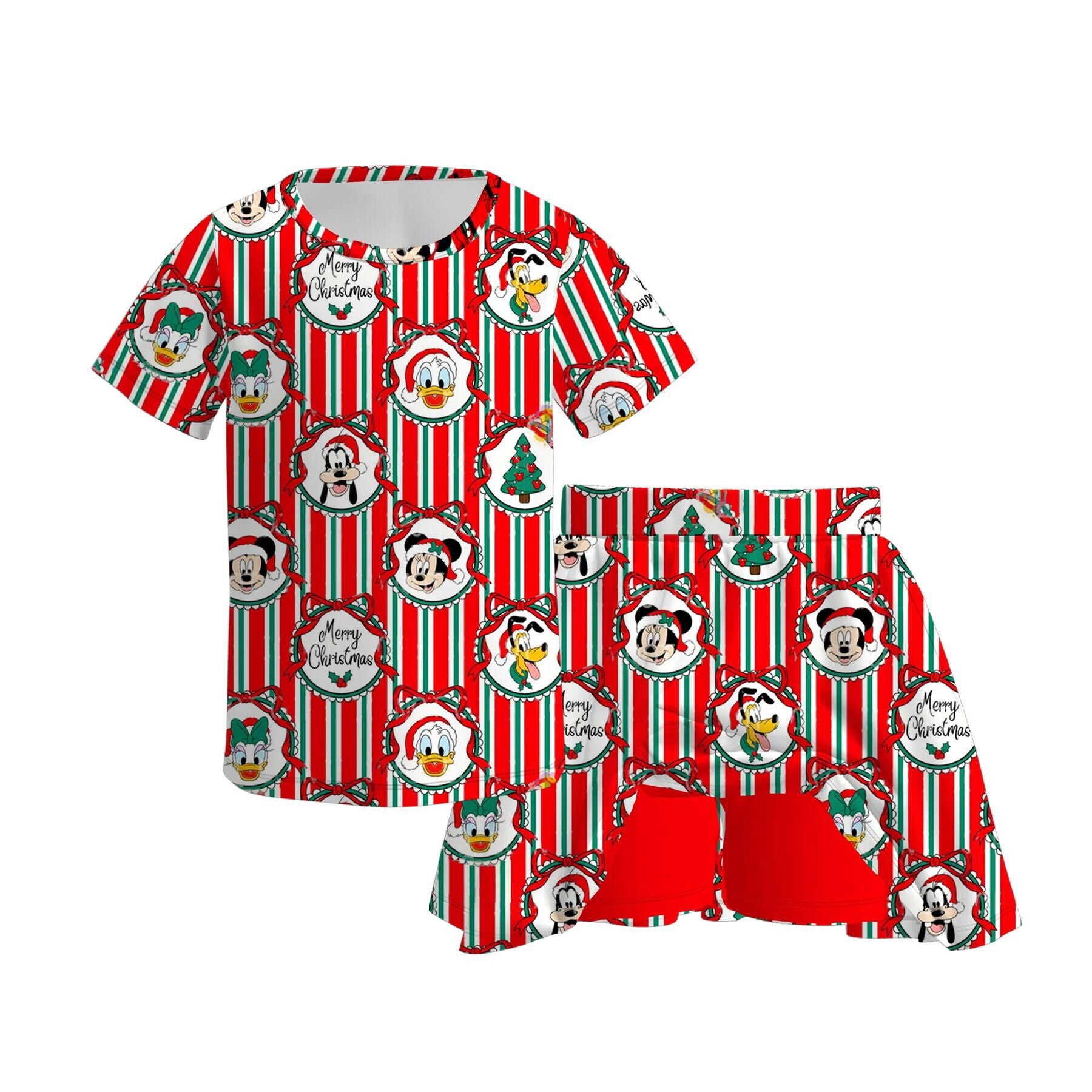 （Pre Order）Girls Christmas Cartoon Print Dress&Skort Set