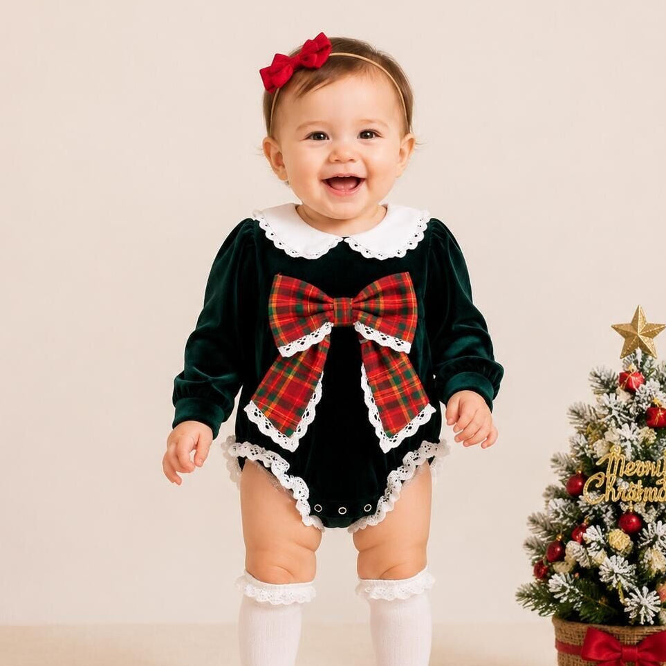 （In Stock）Toddler Girls Christmas Bow Velvet Romper