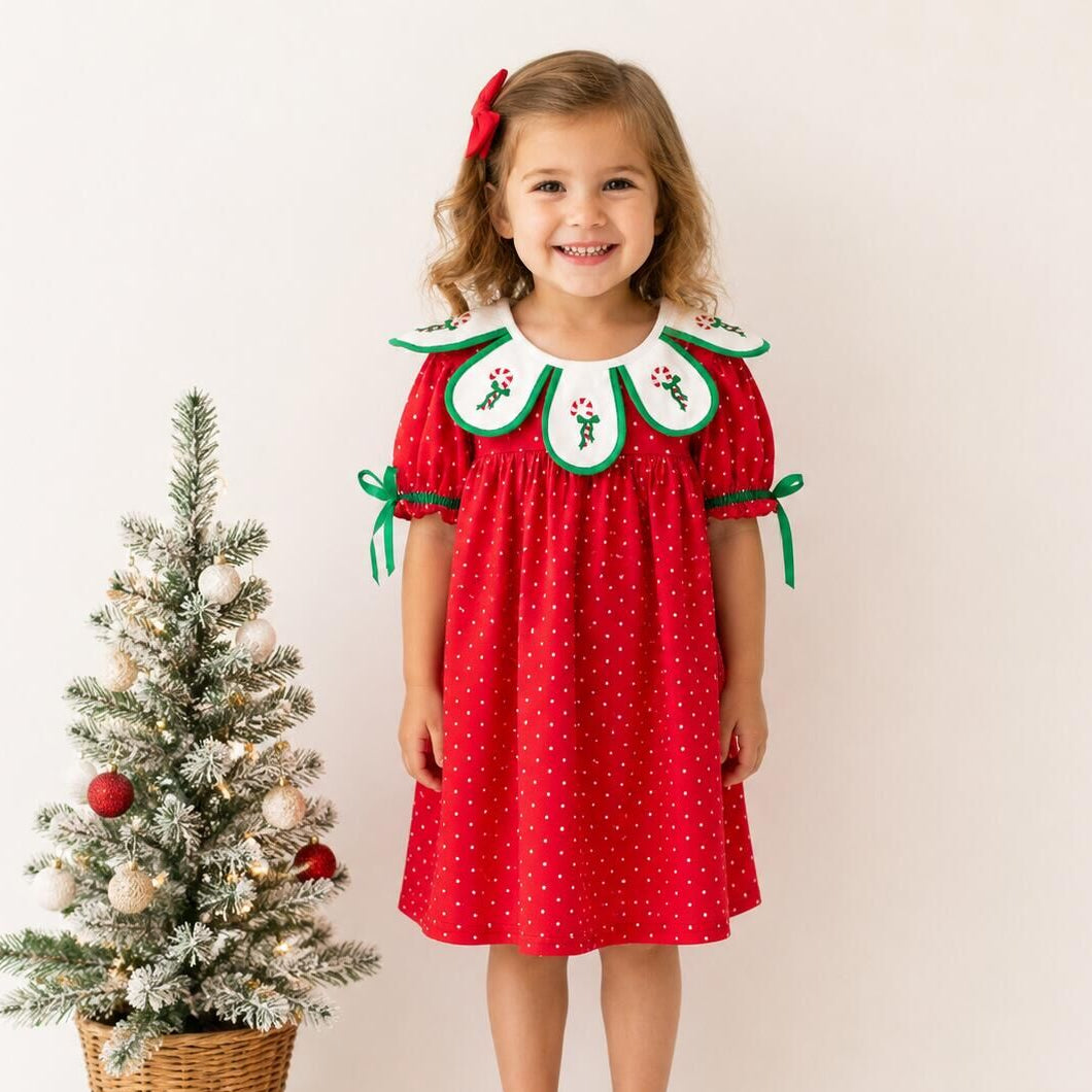 （In Stock）Girls Christmas Embroidery Petal Collar Dress