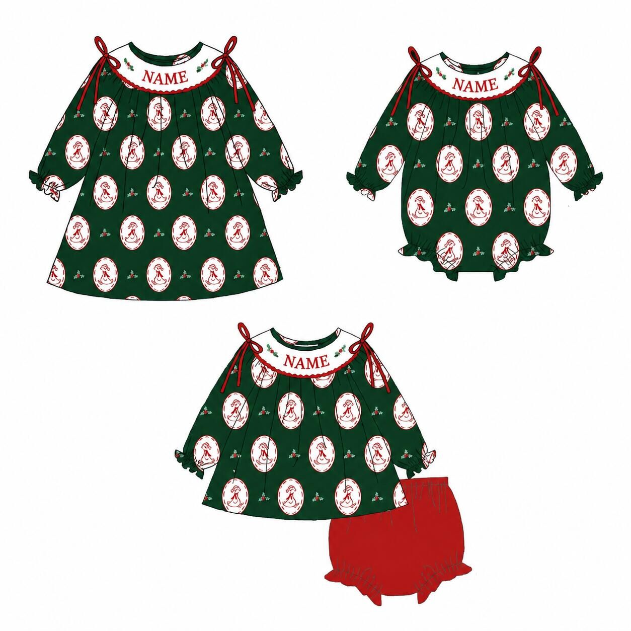（Pre Order）Sisters Christmas Silly Goose Embroidery Smocked Dress&Romper
