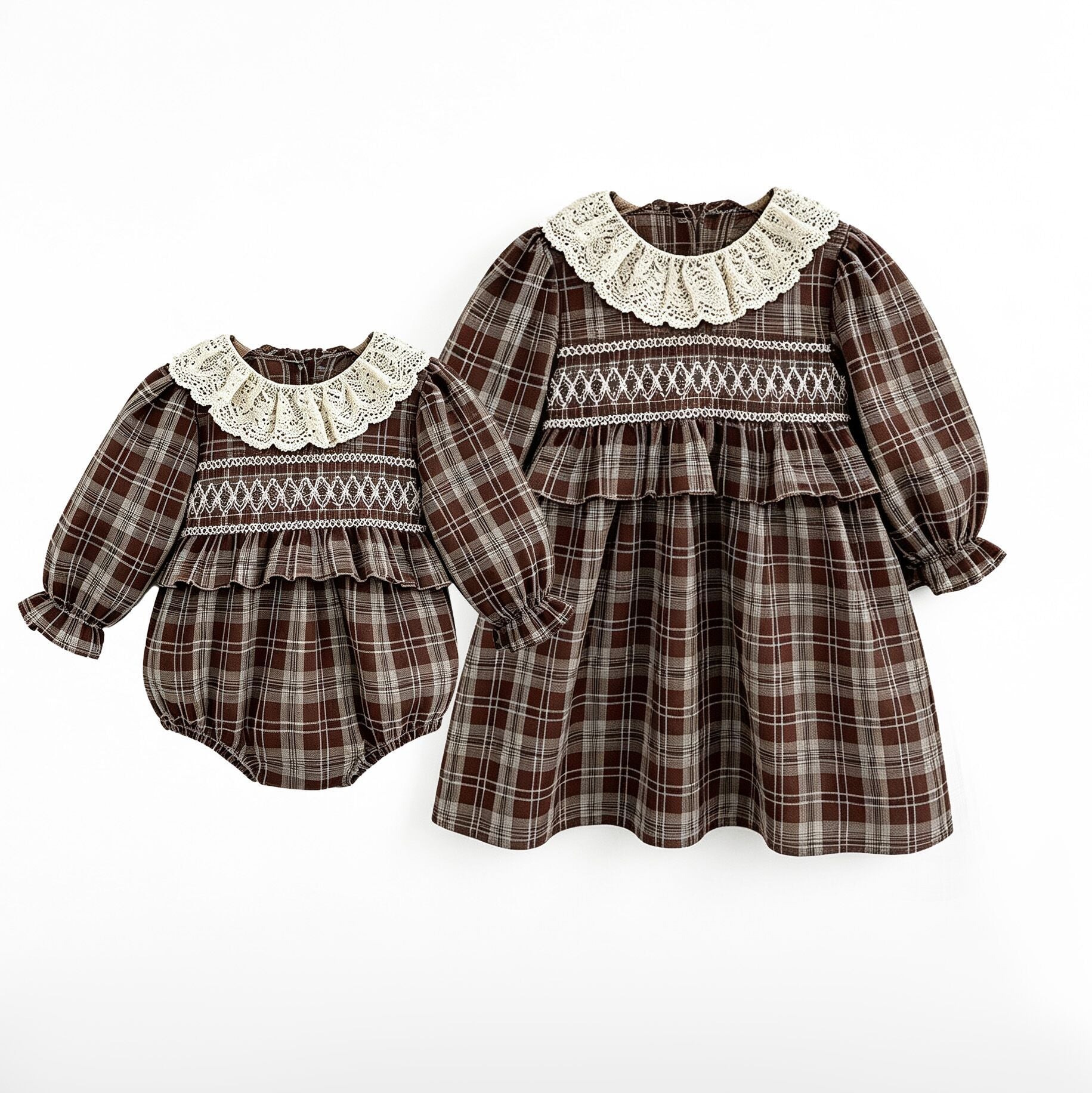 （Pre Order 2 Weeks）Sisters Fall Brown Plaid Smocked Dress&Romper