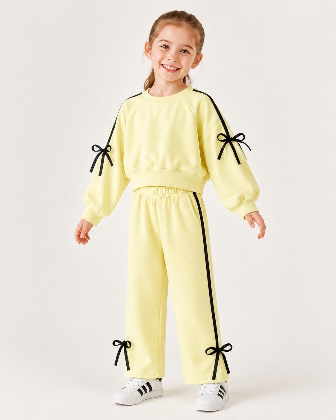 （In Production）Girls Fall&Winter Solid Color Bow Sports Suit