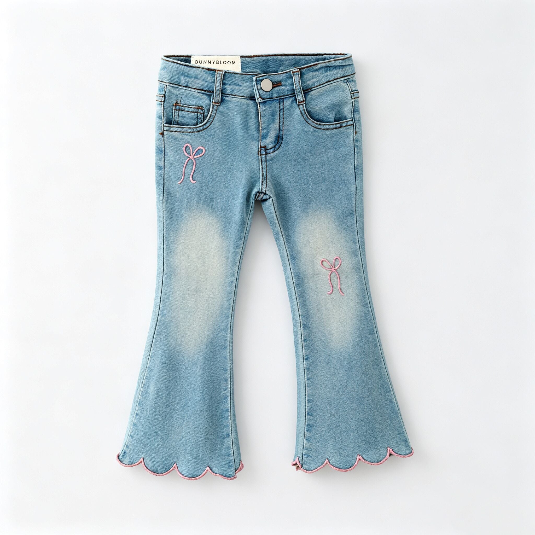 （In Stock）Girls Fall Bow Embroidery Scallop Jeans