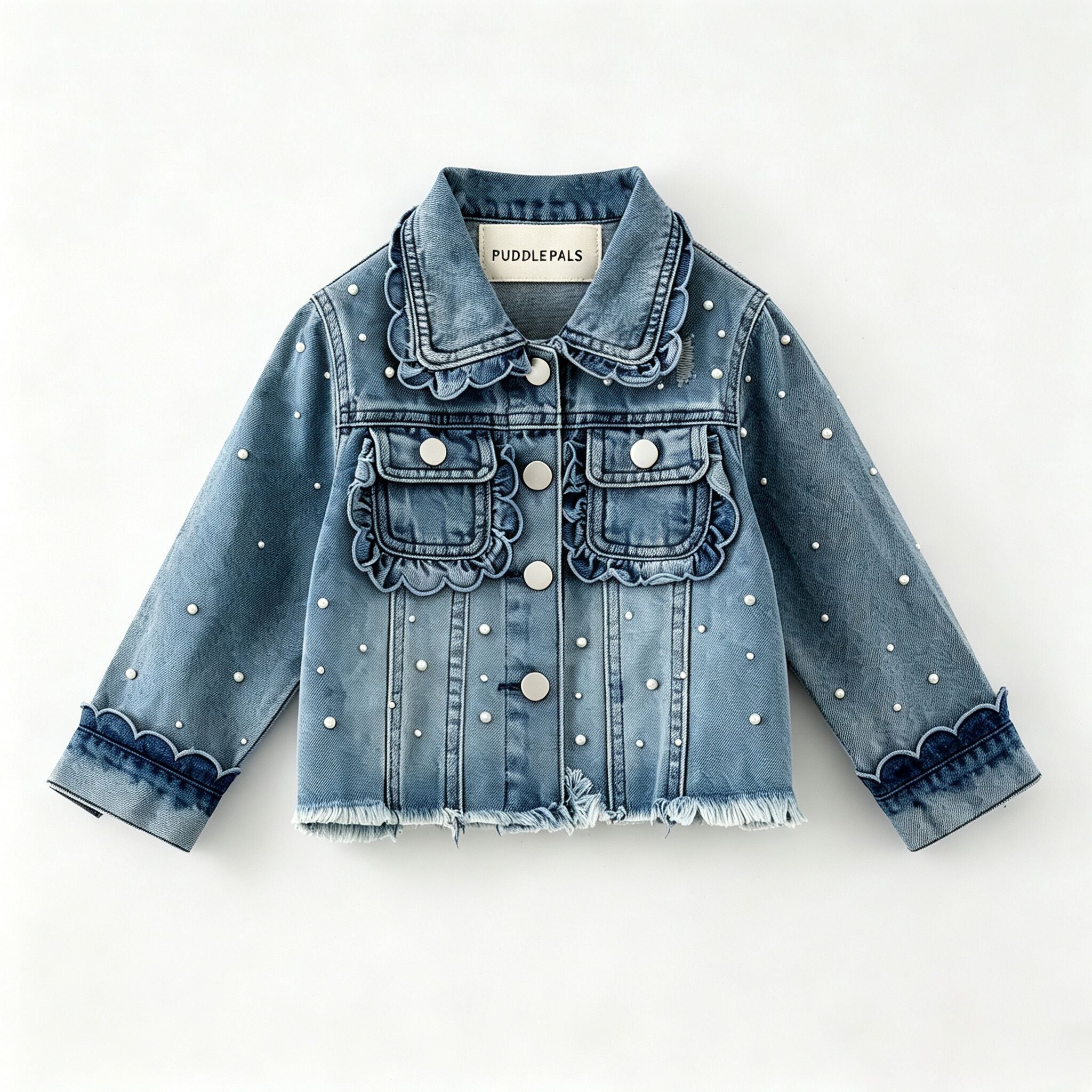 （In Stock）Girls Fall Pearl Scallop Denim Jacket