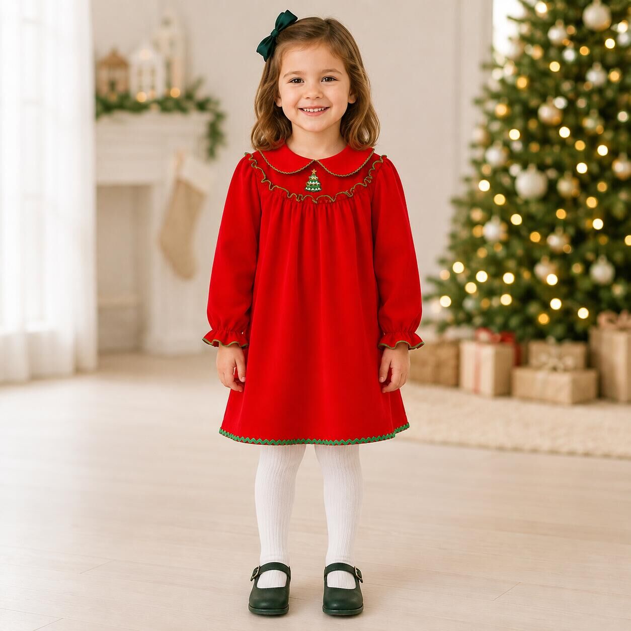 （In Stock）Girls Christmas Tree Embroidery Cotton Dress
