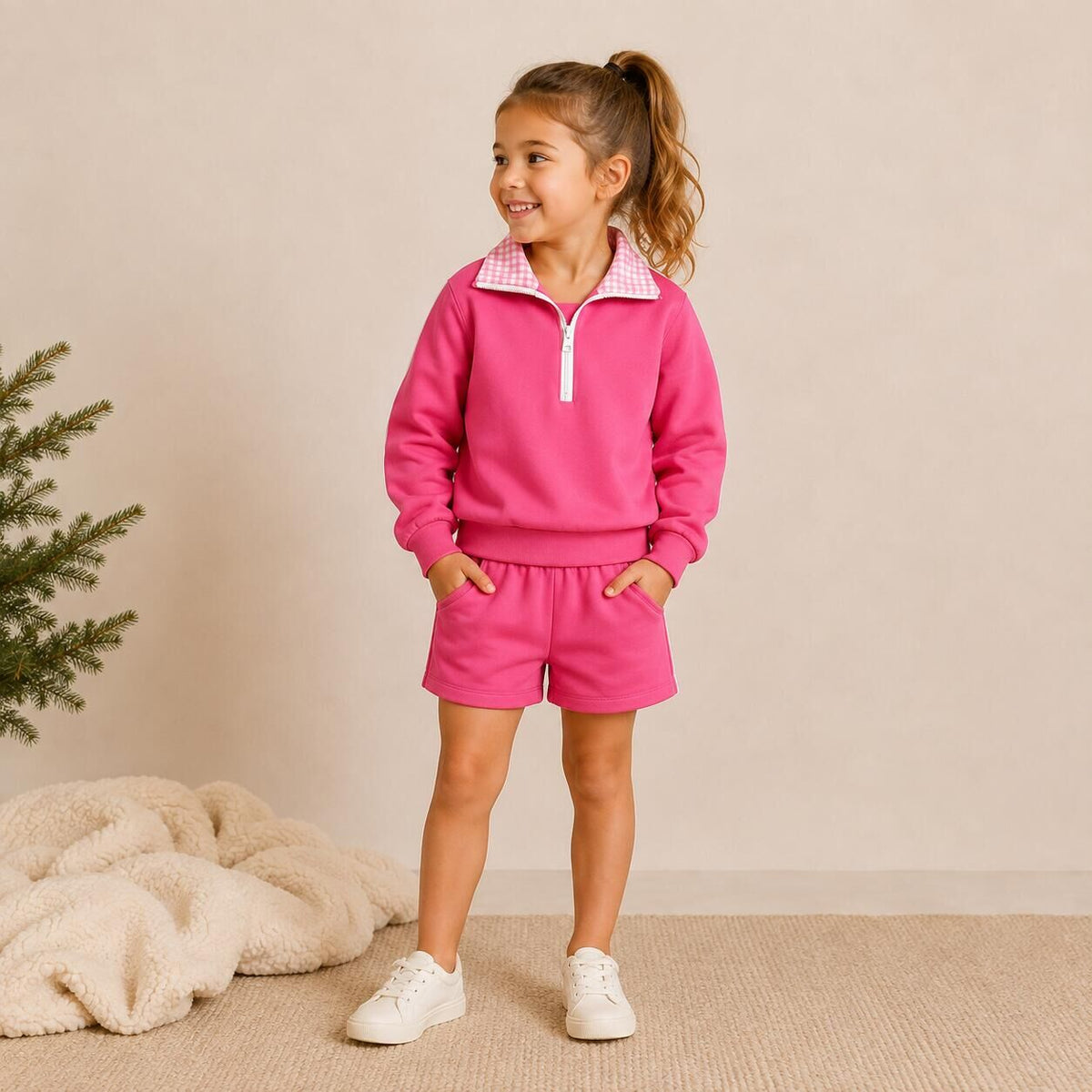 （Pre Order,Prepack Zone）Girls Fall Solid Color Zipper Pullover Set（Mix Size）