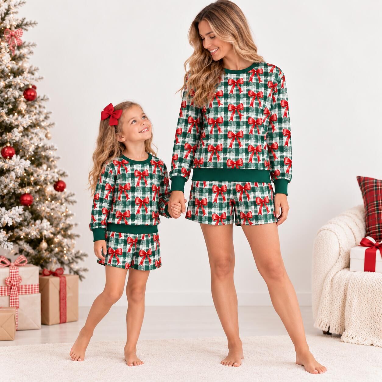 （Pre Order）Family Christmas Bow Print Shorts Set