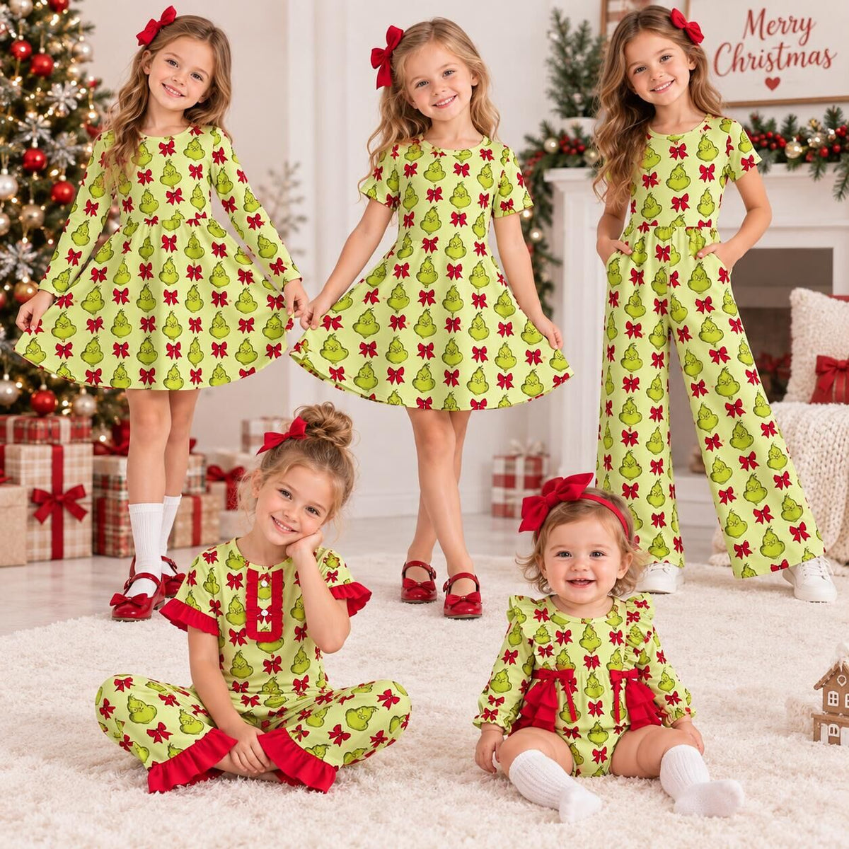 （Pre Order）Sisters Christmas Print Dress,Set,Jumpsuit&Romper