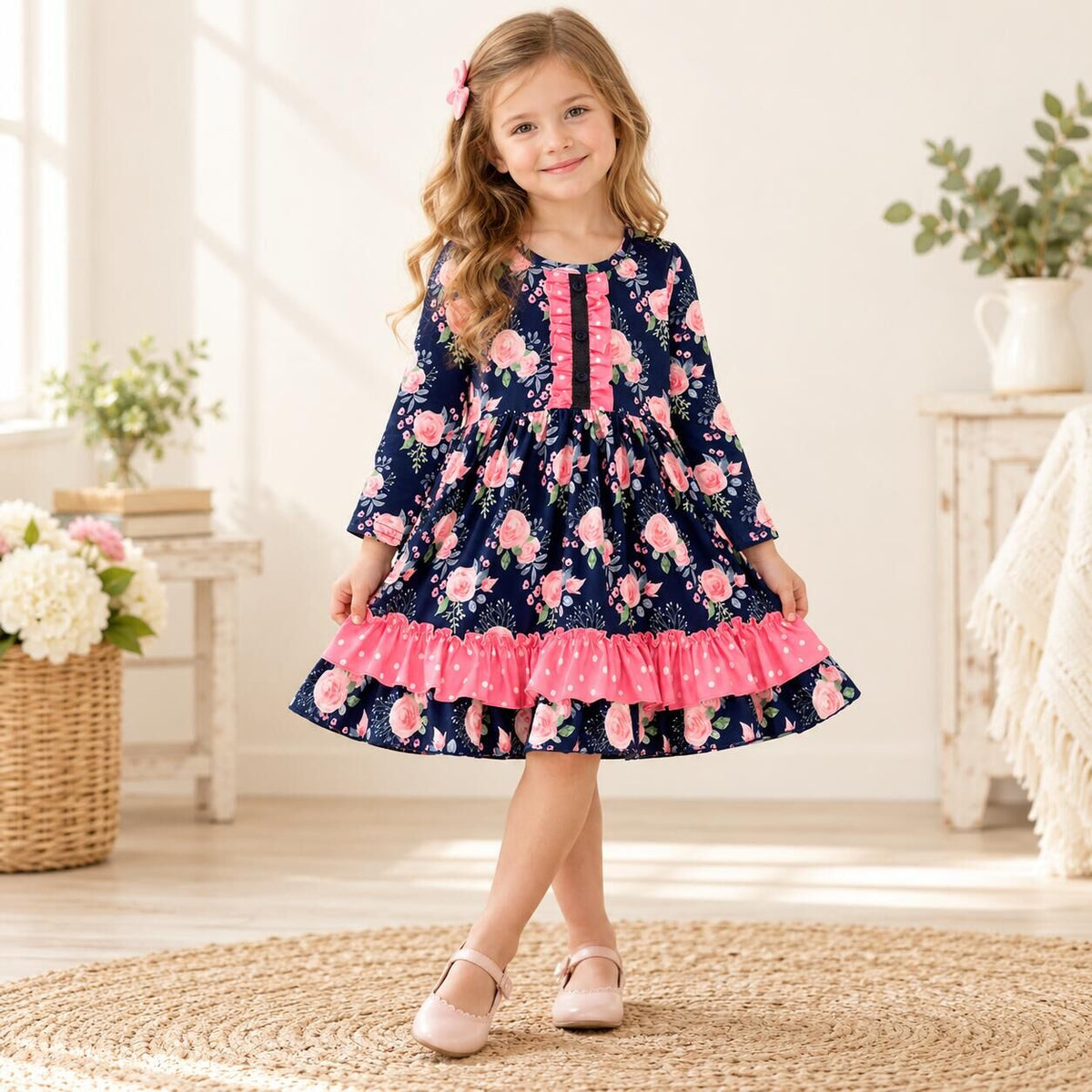 （In Stock）Girls Fall Floral Print Dress
