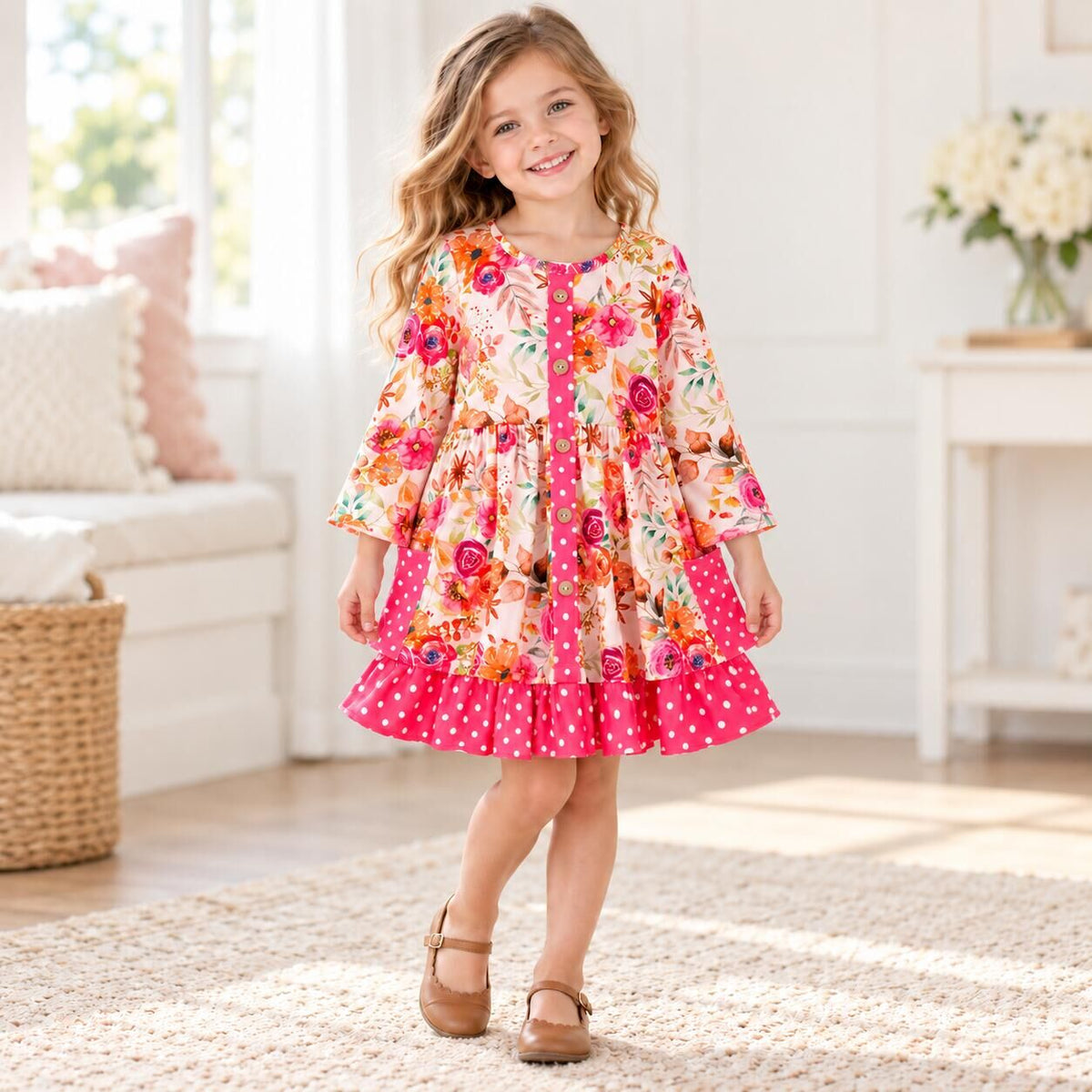 （In Stock）Girls Fall&Winter Floral Print Dress
