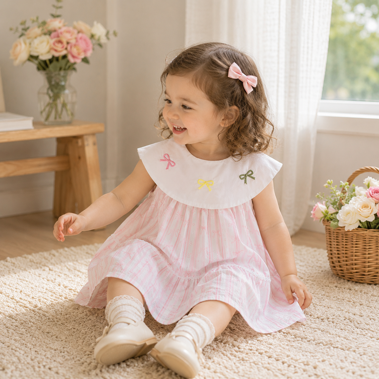 （In Production）Girls Bow Embroidery Pink Dress