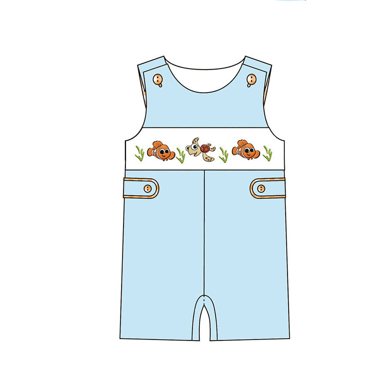 （Pre Order）Siblings Spring&Summer Cartoon Fish Embroidery Smocked Dress,Set&Romper
