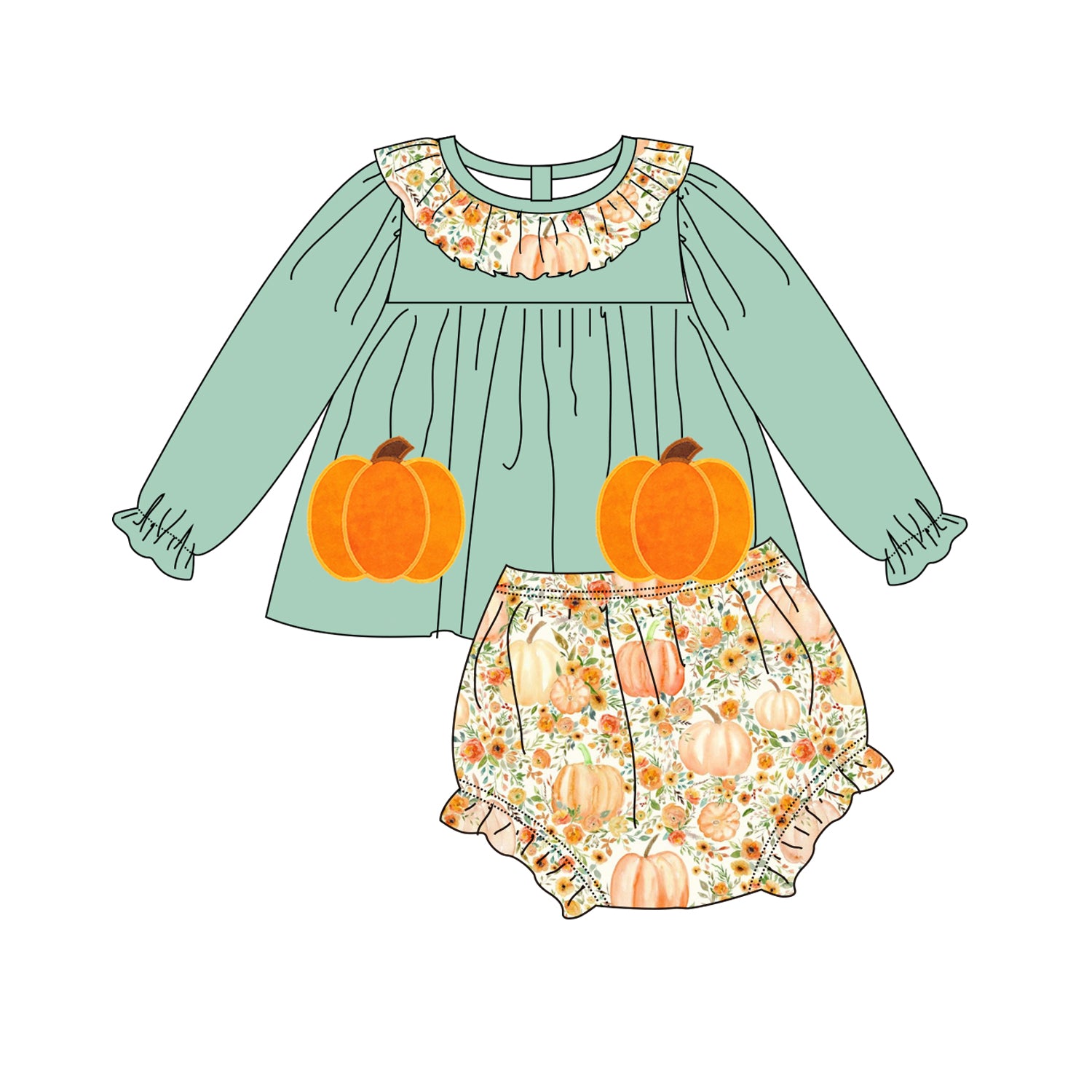 （Pre Order）Toddler Girls Halloween＆Thanksgiving Pumpkin Applique Bloomer Set