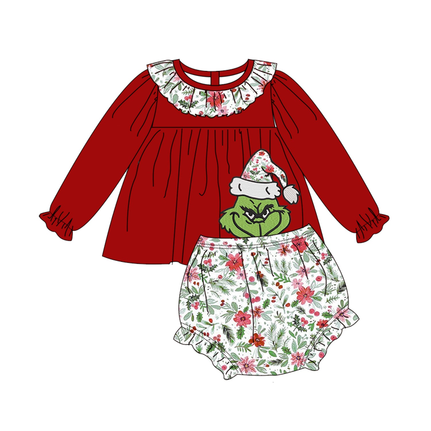 （Pre Order）Toddler Girls Christmas Cartoon Applique Bloomer Set