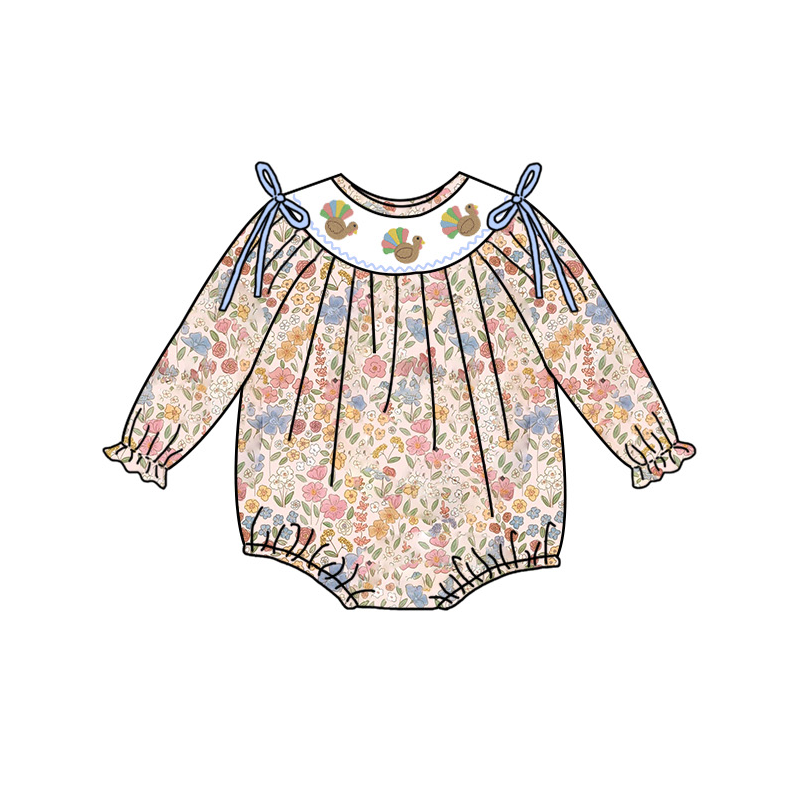 （Pre Order）Girls Thanksgiving Turkey Embroidery Smocked Dress,Set＆Romper