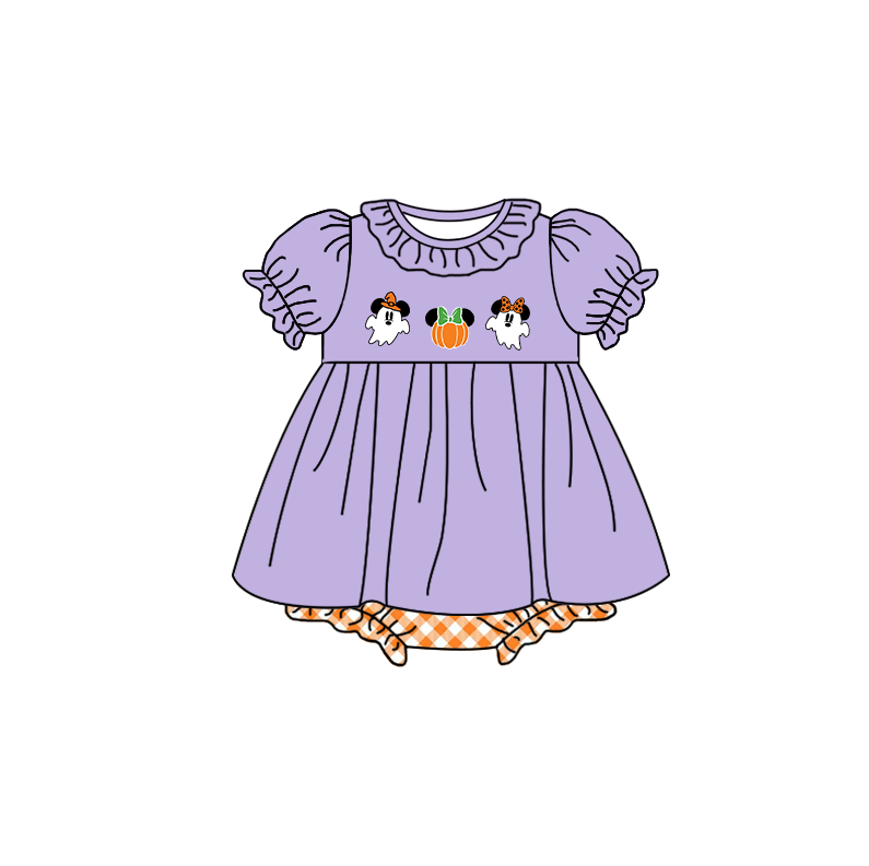 （Pre Order）Family Halloween Ghost Embroidery Smocked Dress,Set＆Romper