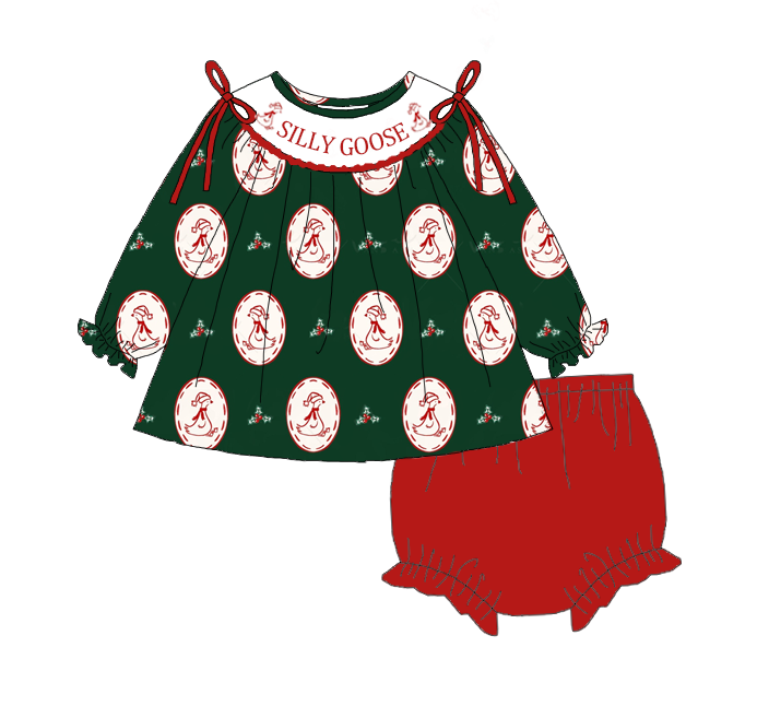 （Pre Order）Sisters Christmas Silly Goose Embroidery Smocked Dress&Romper
