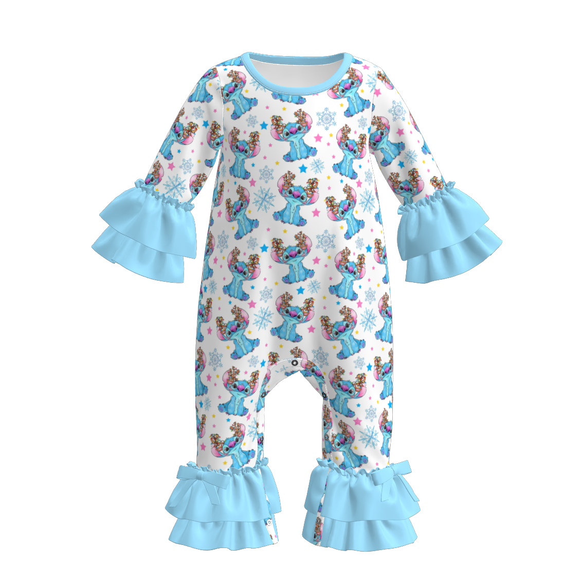 （Pre Order）Toddler Girls Christmas Cartoon Print Lace Sleeves Romper