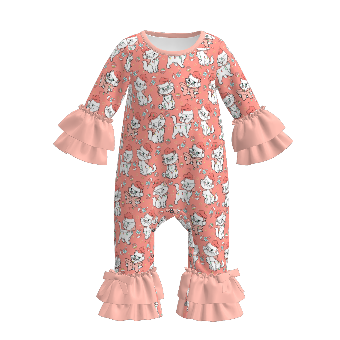 （Pre Order）Toddler Girls Christmas Cartoon Print Lace Sleeves Romper