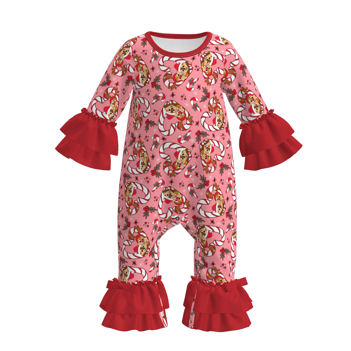 （Pre Order）Toddler Girls Christmas Cartoon Print Lace Sleeves Romper