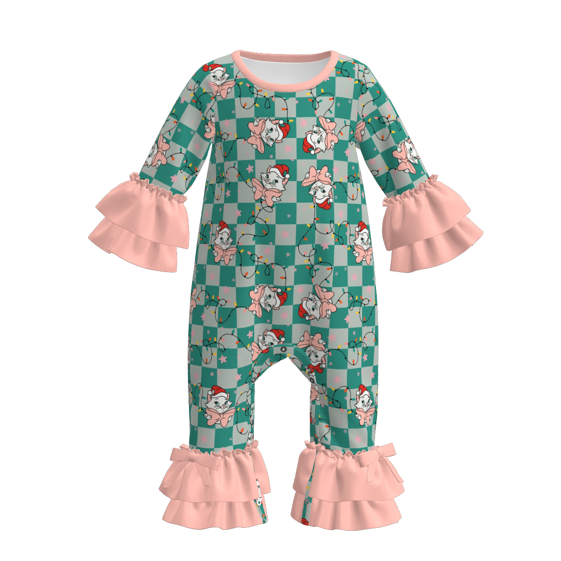 （Pre Order）Toddler Girls Christmas Cartoon Print Lace Sleeves Romper