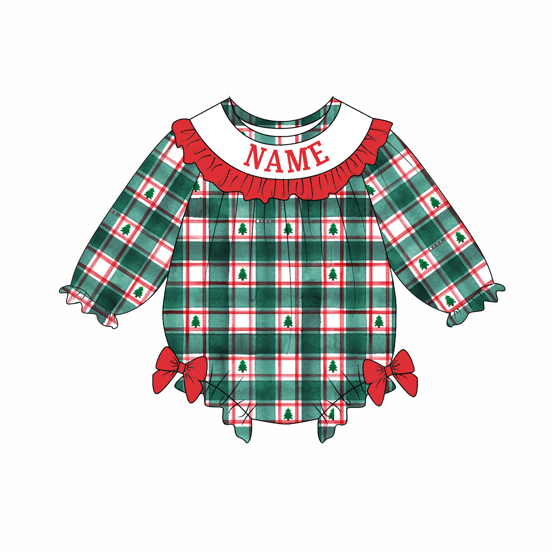 （Pre Order）Family Christmas Plaid Embroidery Smocked Dress,Set&Romper