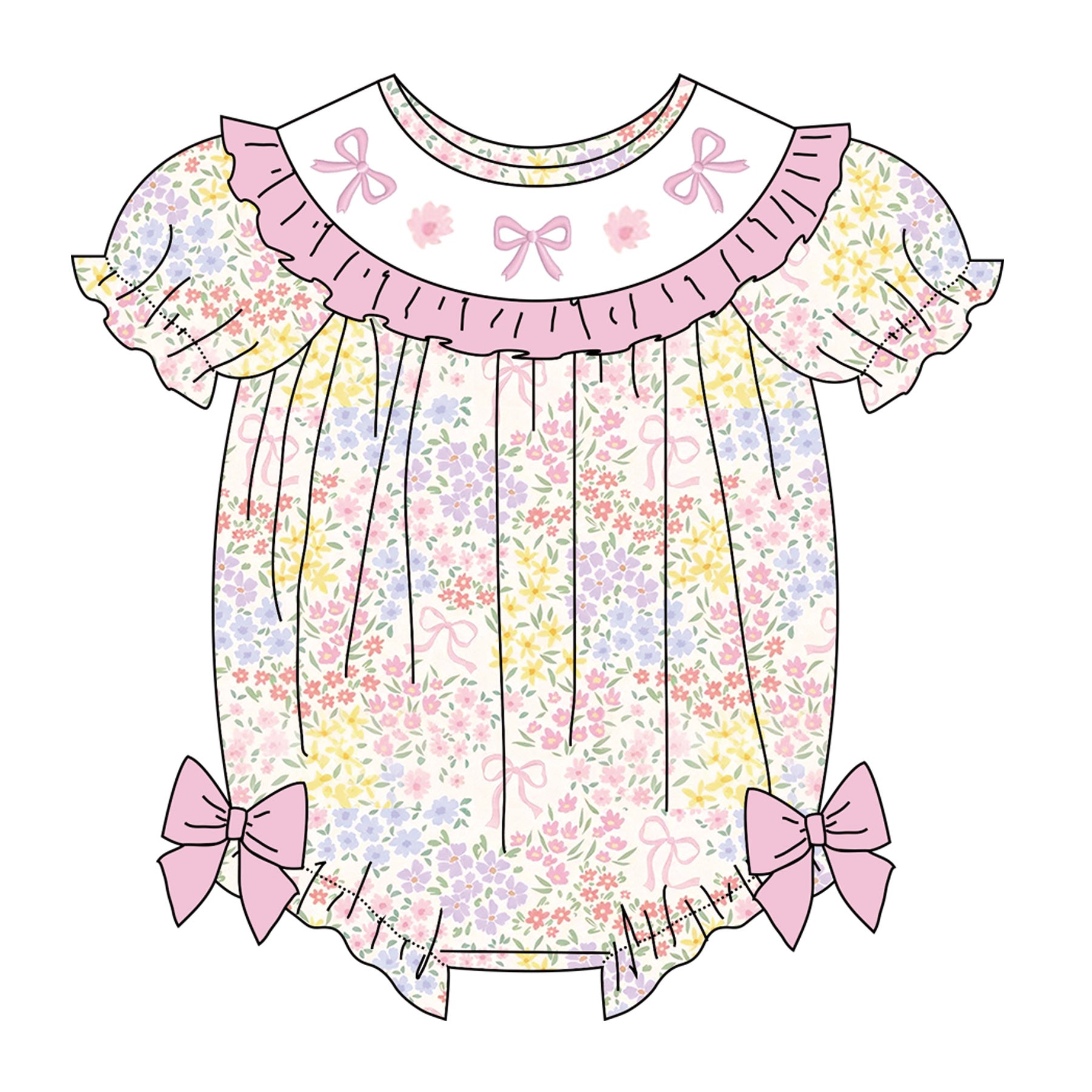 （Pre Order）Sisters Spring Bow&Floral Embroidery Smocked Dress&Romper