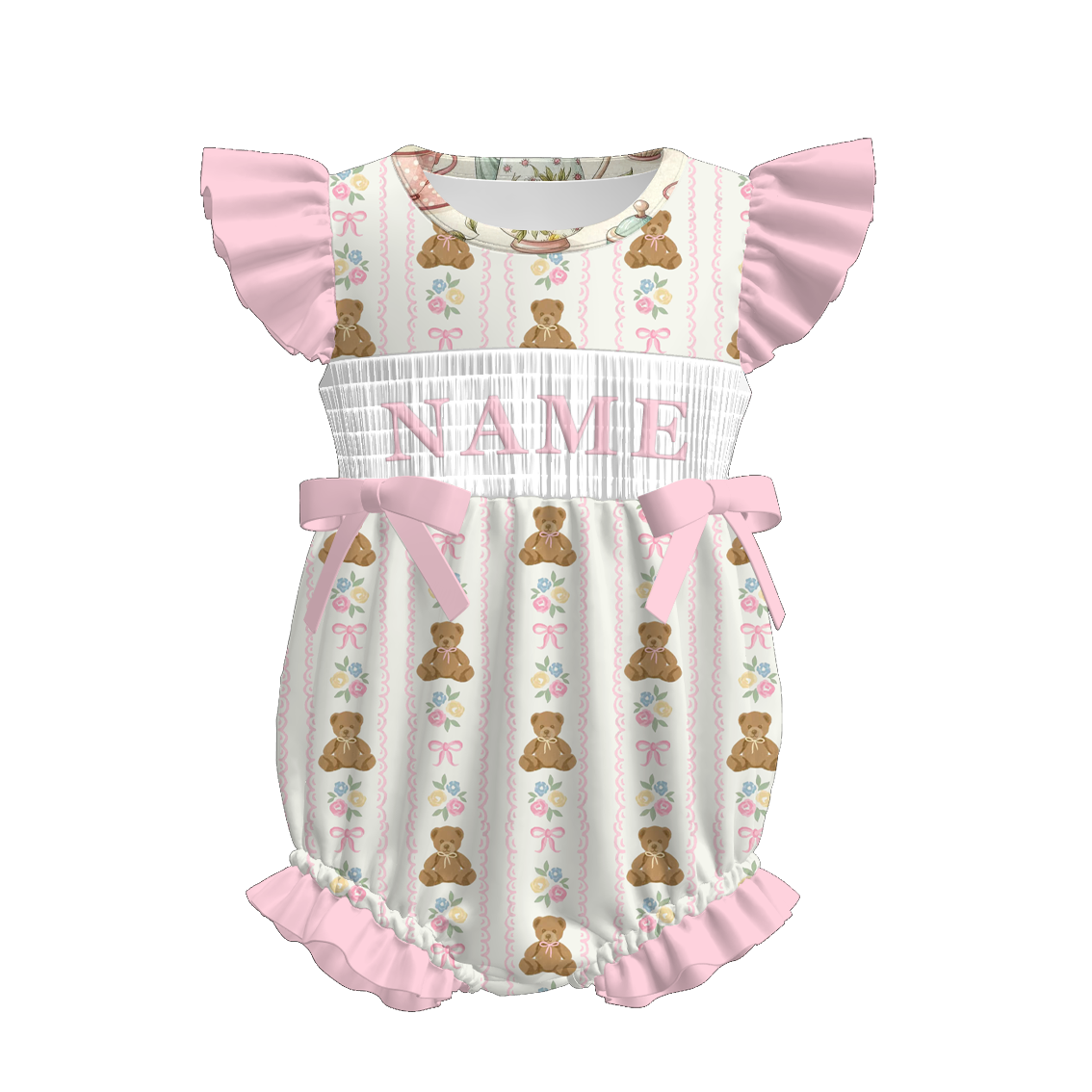 （Pre Order）Sisters Spring Bear Embroidery Smocked Dress,Set&Romper