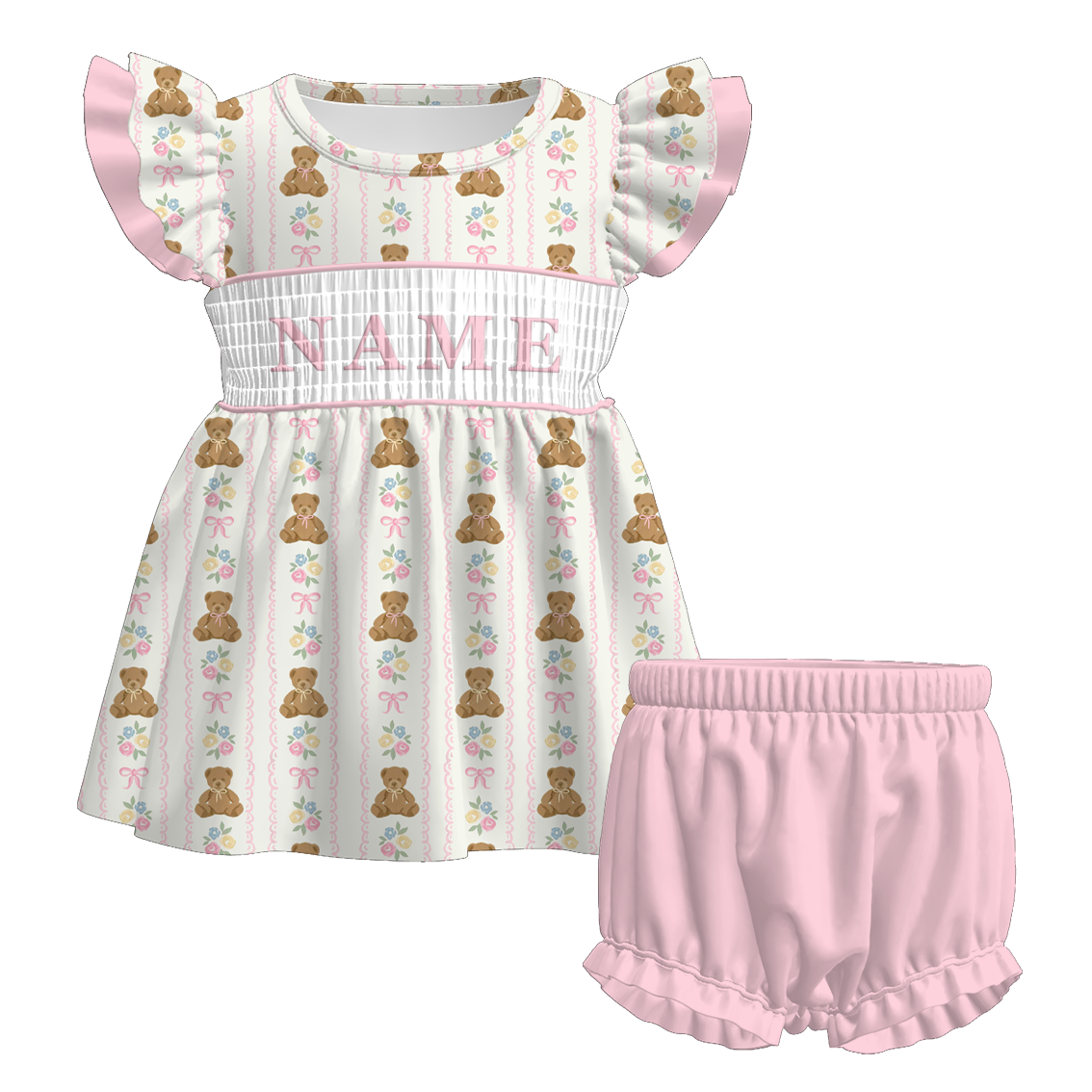 （Pre Order）Sisters Spring Bear Embroidery Smocked Dress,Set&Romper