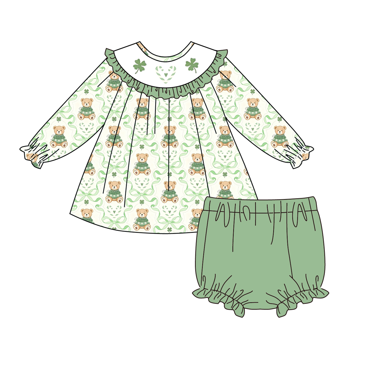 （Pre Order）Siblings St. Patrick's Day Shamrock Embroidery Smocked Set&Romper