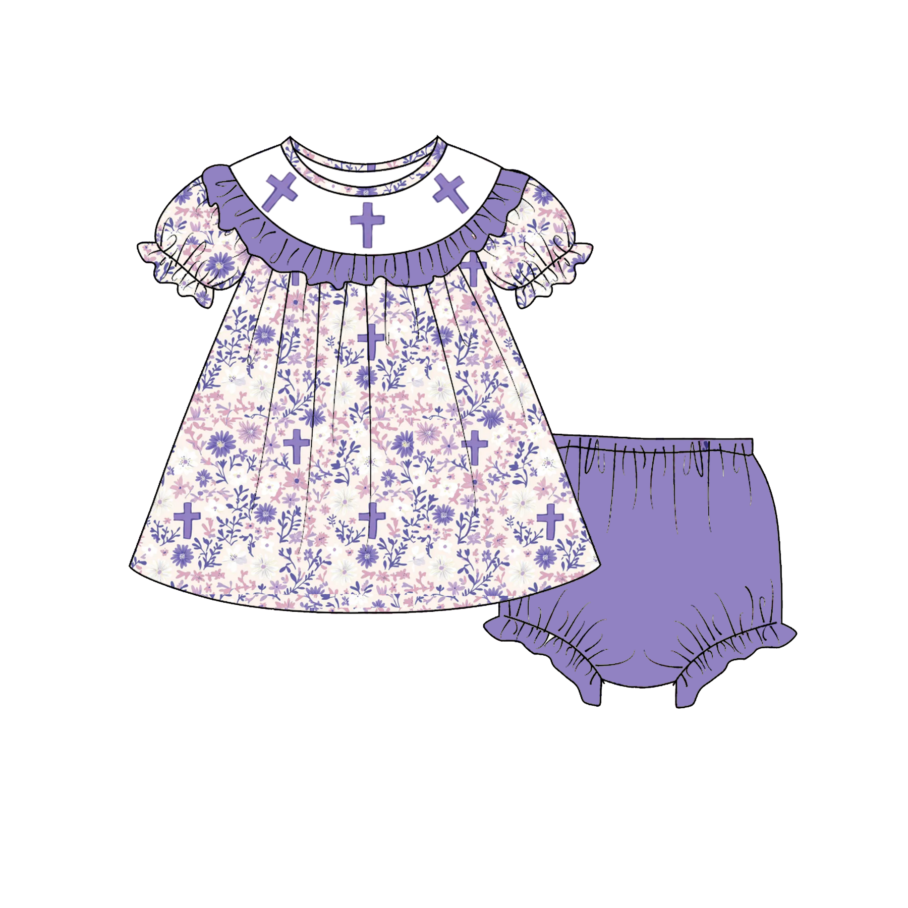 （Pre Order）Sisters Easter Cross Embroidery Smocked Dress&Romper