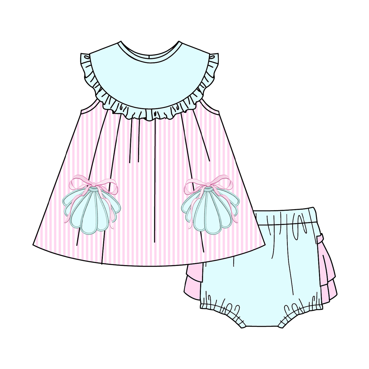 （Pre Order）Sisters Summer Seashell Applique Dress,Set&Romper