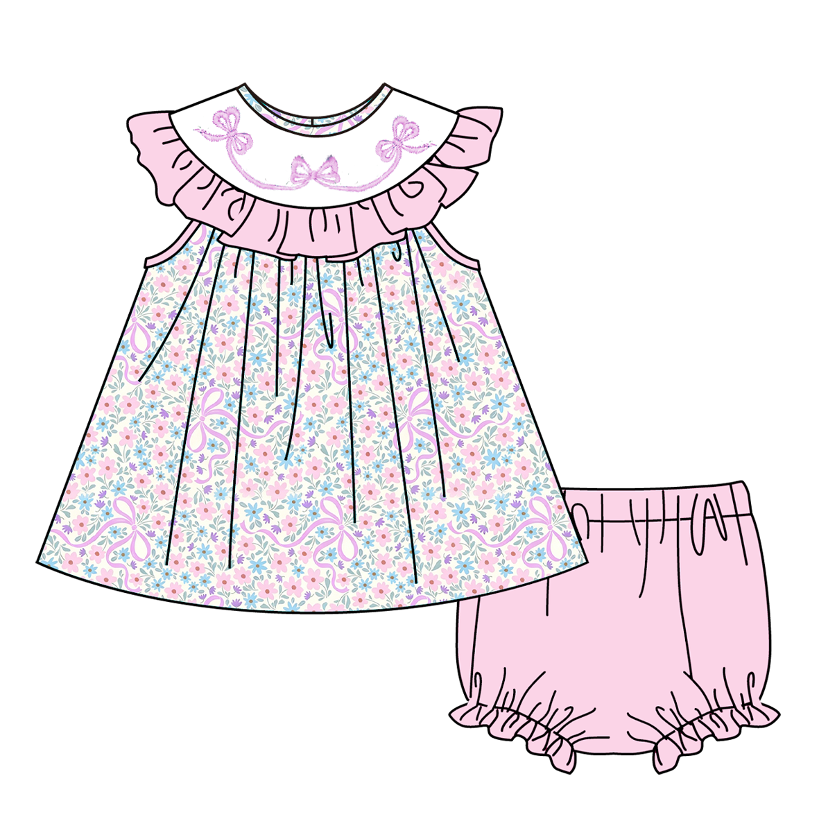 （Pre Order）Sisters Spring&Summer Bow Embroidery Smocked Dress,Bloomer Set&Romper
