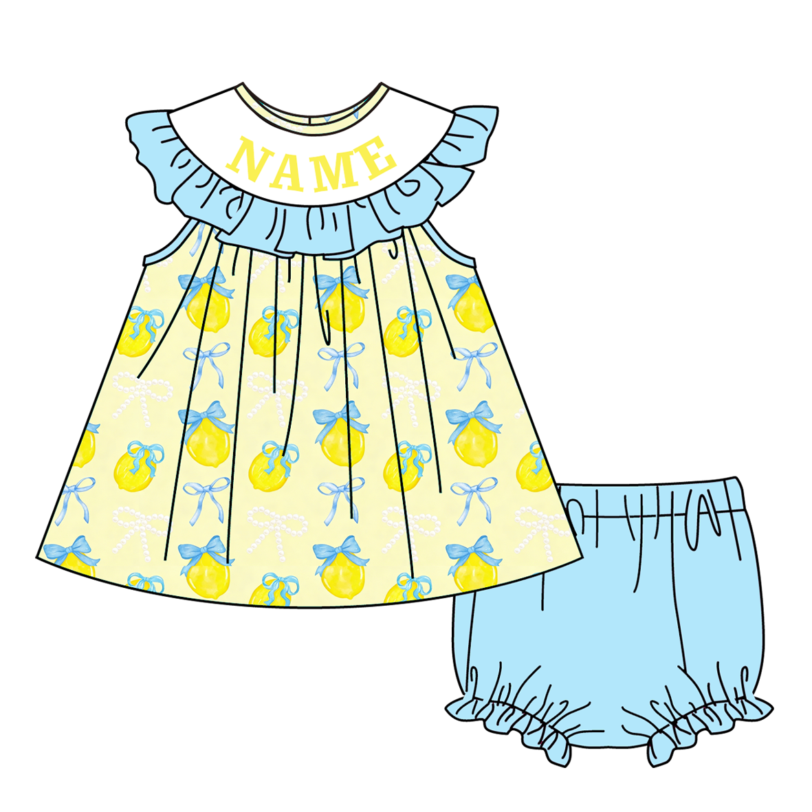 （Pre Order）Sisters Spring&Summer Lemon Embroidery Smocked Dress,Bloomer Set&Romper-Customized Name