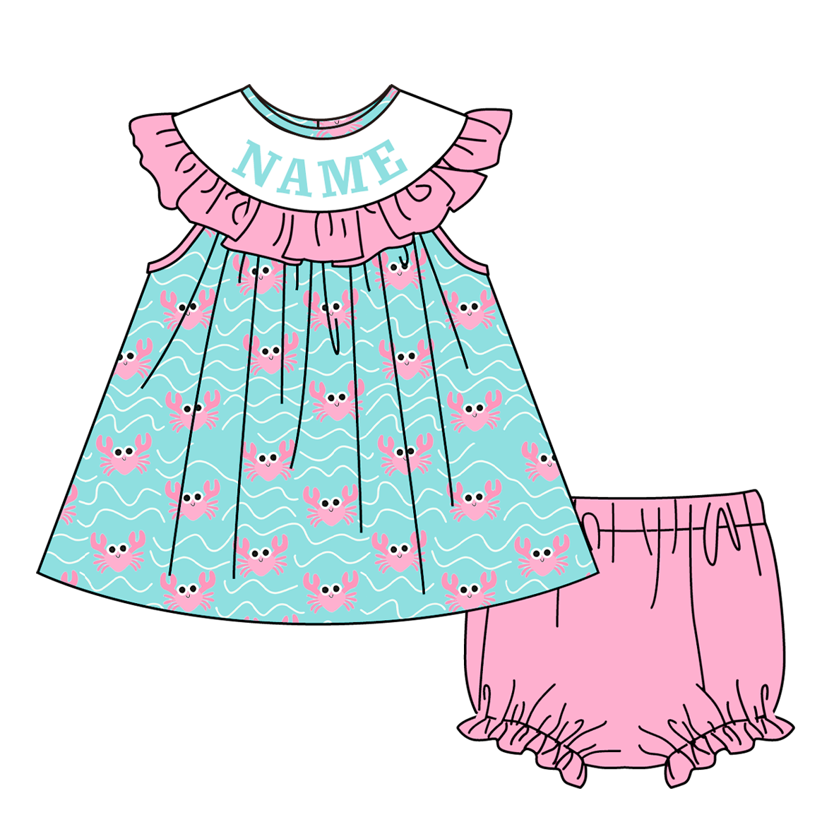 （Pre Order）Sisters Spring&Summer Crab Embroidery Smocked Dress,Bloomer Set&Romper-Customized Name