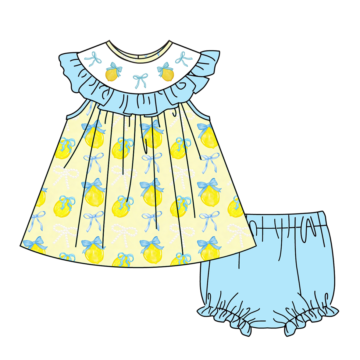 （Pre Order）Siblings Summer Lemon Embroidery Smocked Dress,Bloomer Set&Romper