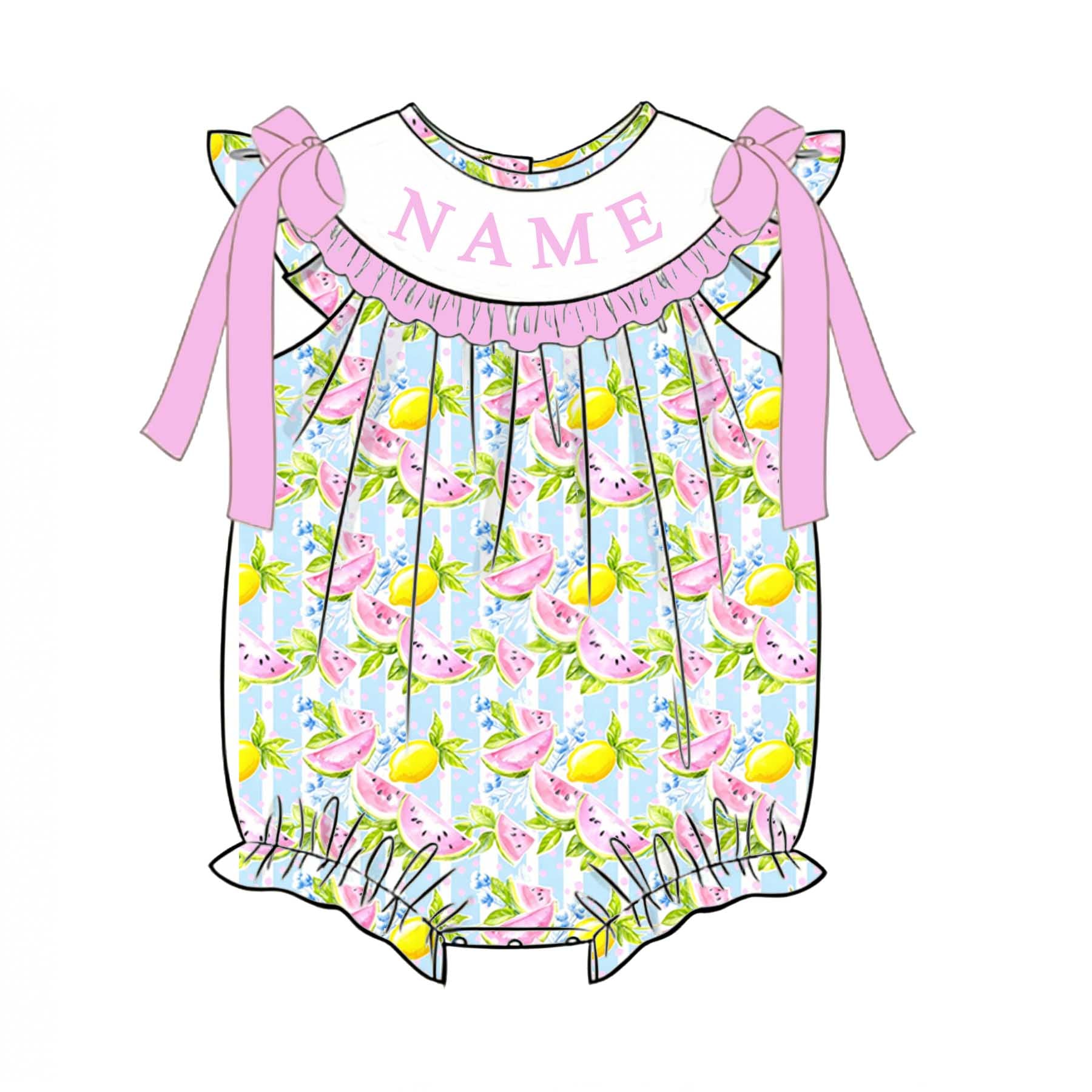 （Pre Order）Sisters Summer Watermelon&Lemon Embroidery Smocked Dress&Romper-Customized Name