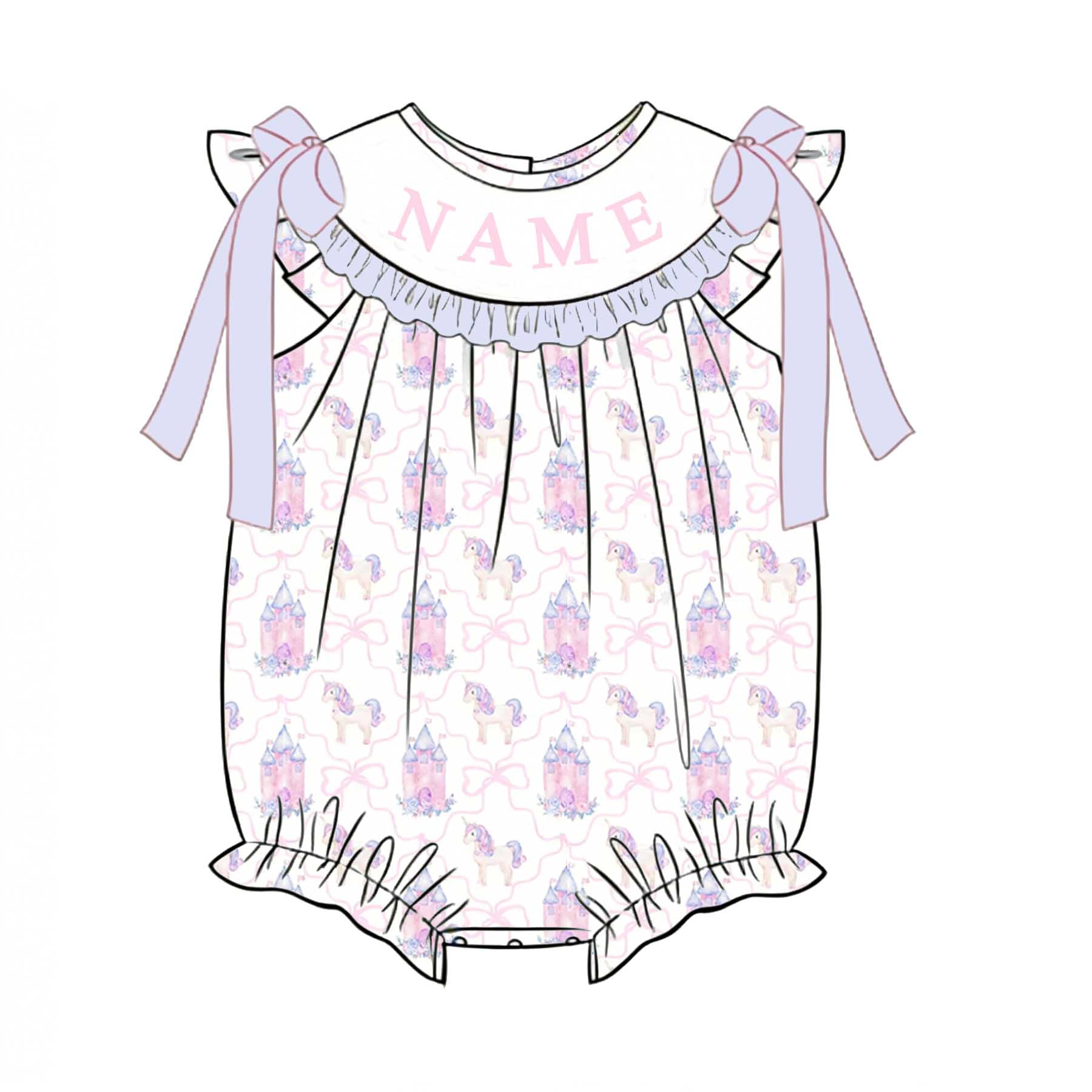 （Pre Order）Sisters Summer Unicorn Embroidery Smocked Dress&Romper-Customized Name