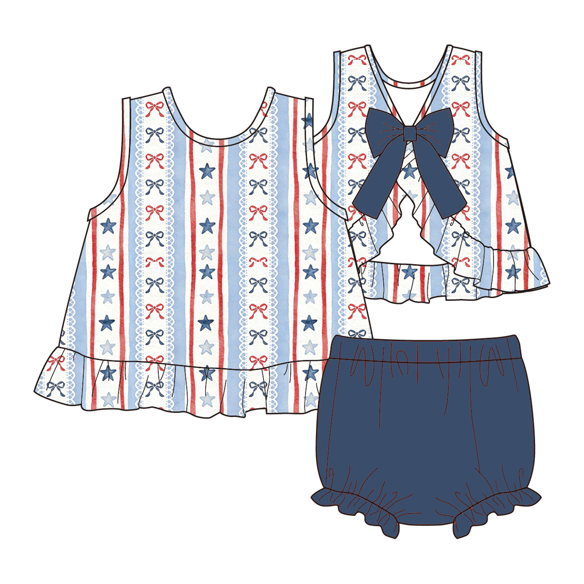 （Pre Order）Family Summer Patriotic Print Dress,Set&Romper