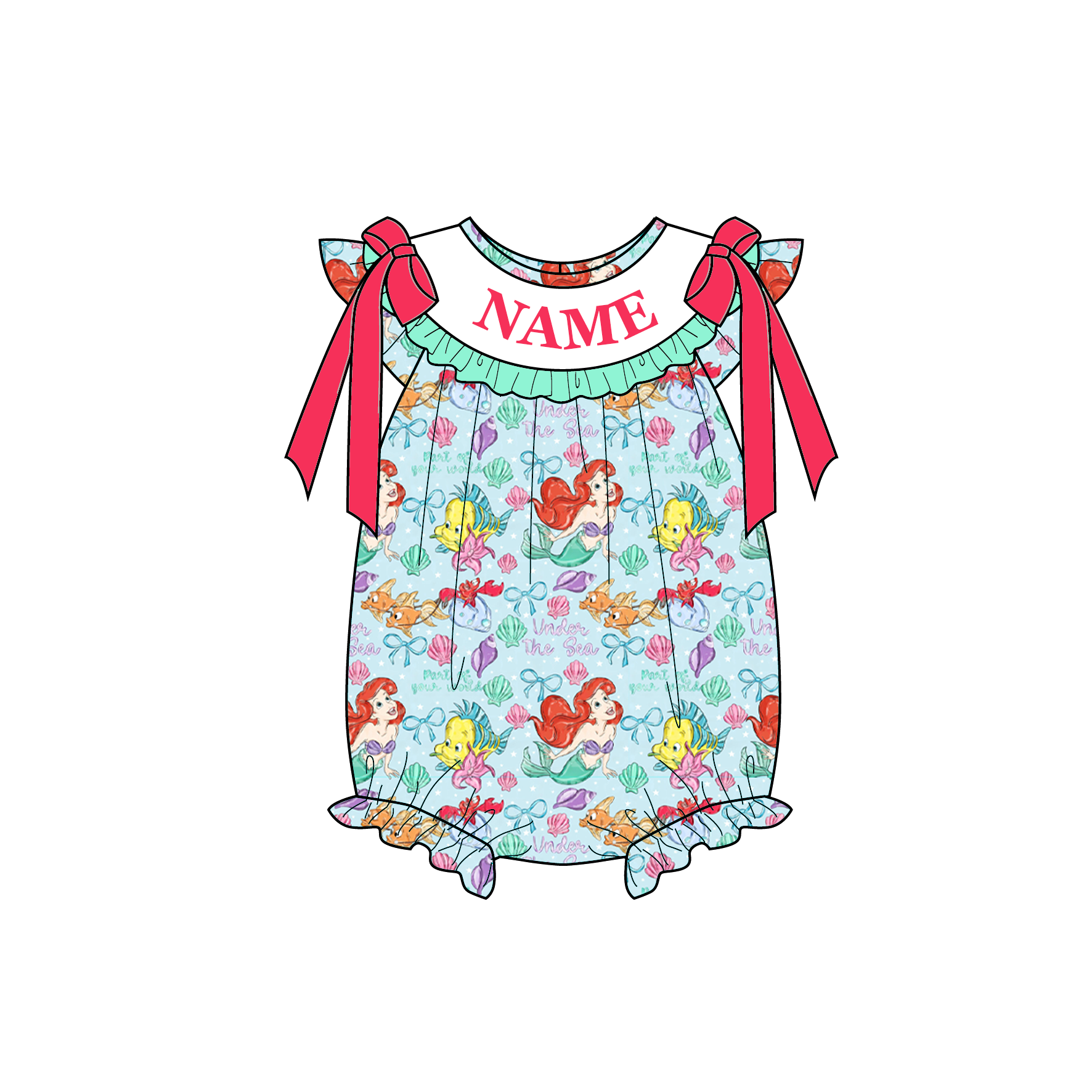 （Pre Order）Sisters Spring&Summer Mermaid Embroidery Smocked Dress,Set&Romper-Customized name