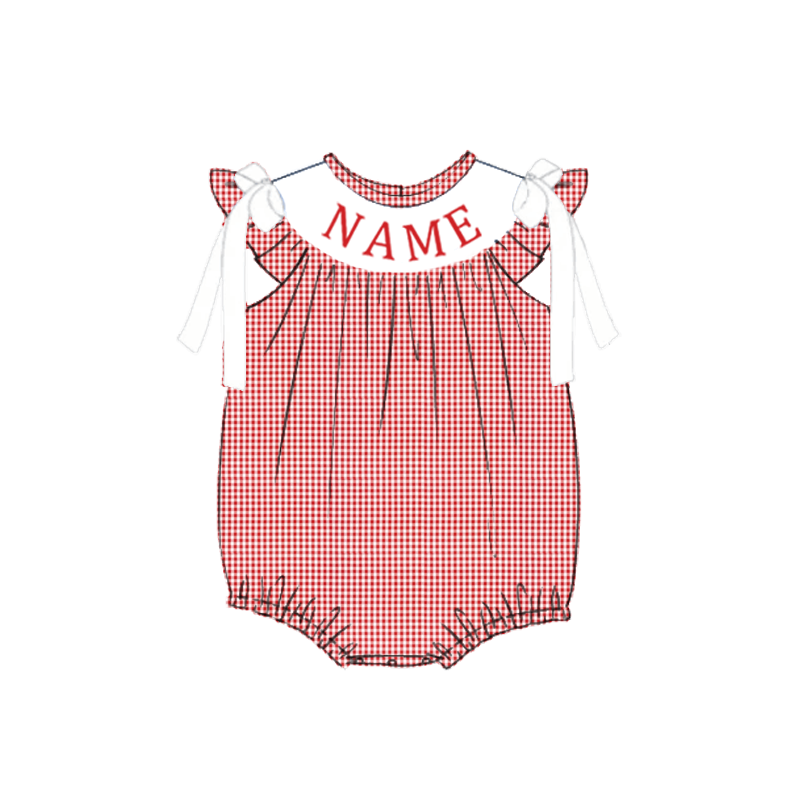 （Pre Order）Siblings Spring&Summer Red Plaid Embroidery Smocked Dress,Set&Romper-Customized name