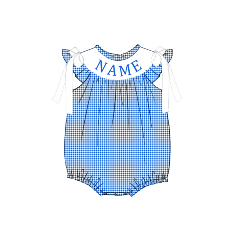 （Pre Order）Siblings Spring&Summer Blue Plaid Embroidery Smocked Dress,Set&Romper-Customized name