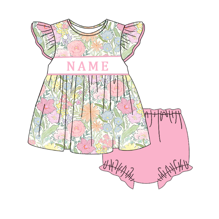 （Pre Order）Sisters Spring&Summer Floral Embroidery Smocked Dress,Set&Romper-Customized name