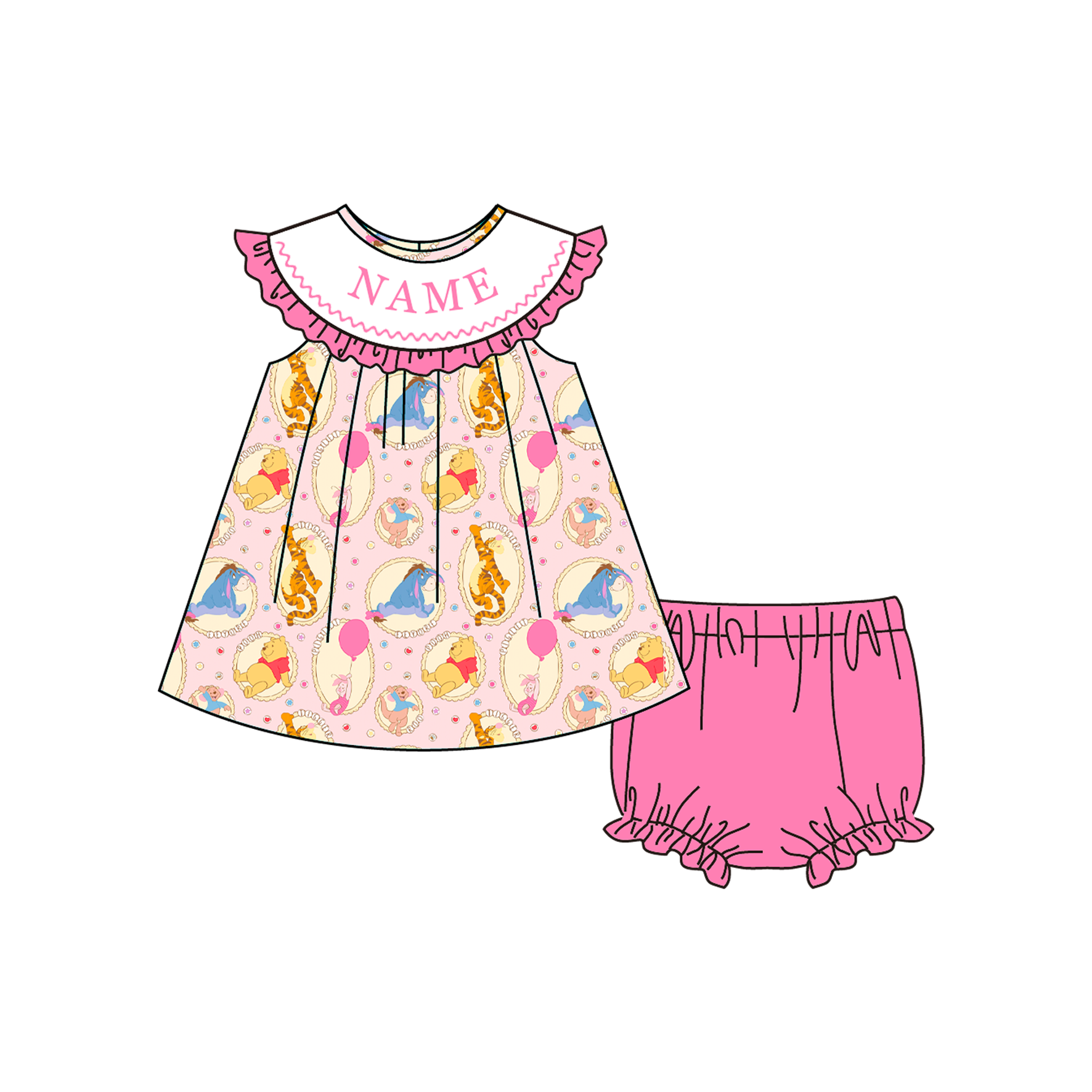 （Pre Order）Sisters Spring&Summer Cartoon Embroidery Smocked Dress,Set&Romper-Customized name