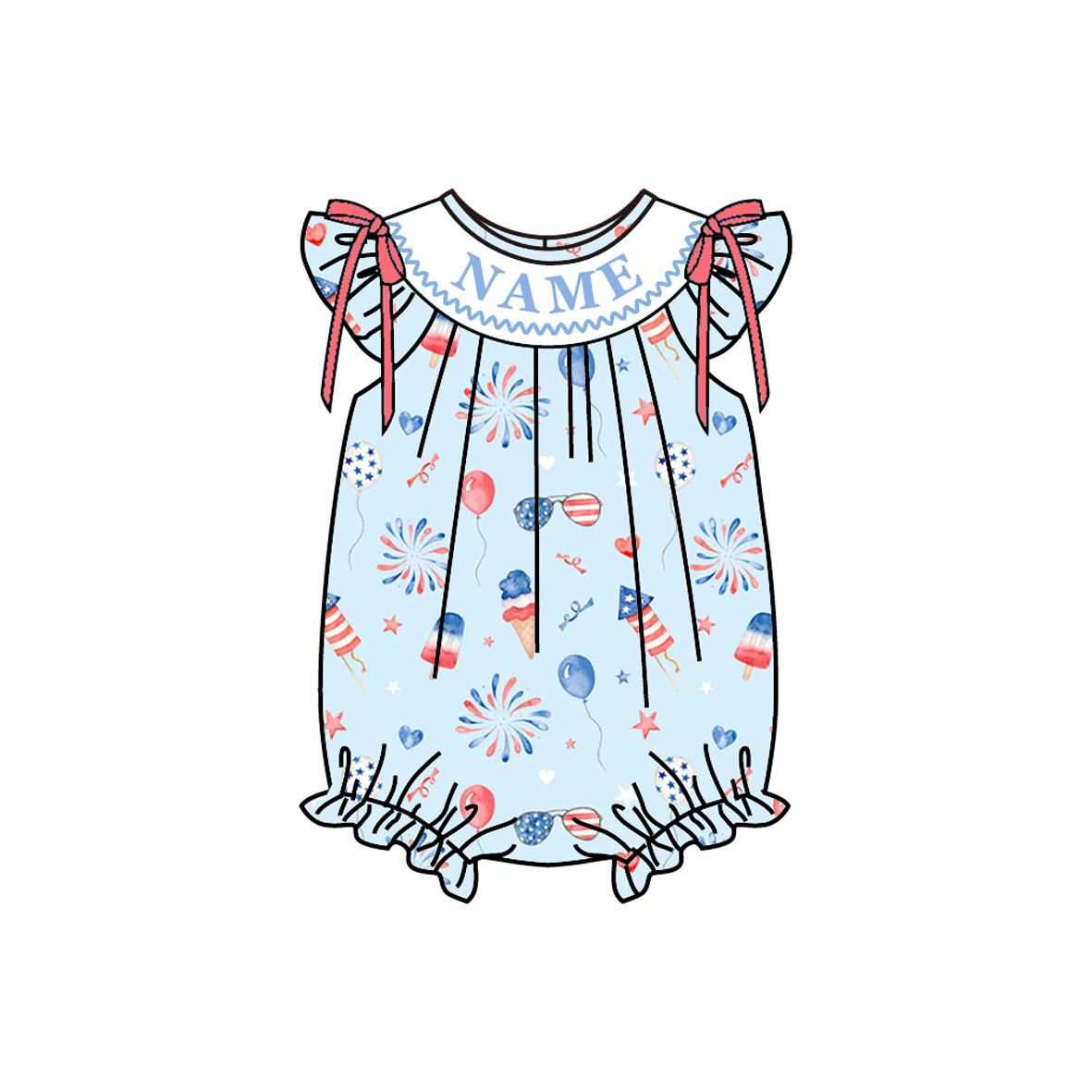 （Pre Order）Sisters Patriotic Embroidery Smocked Dress,Set&Romper-Customized name