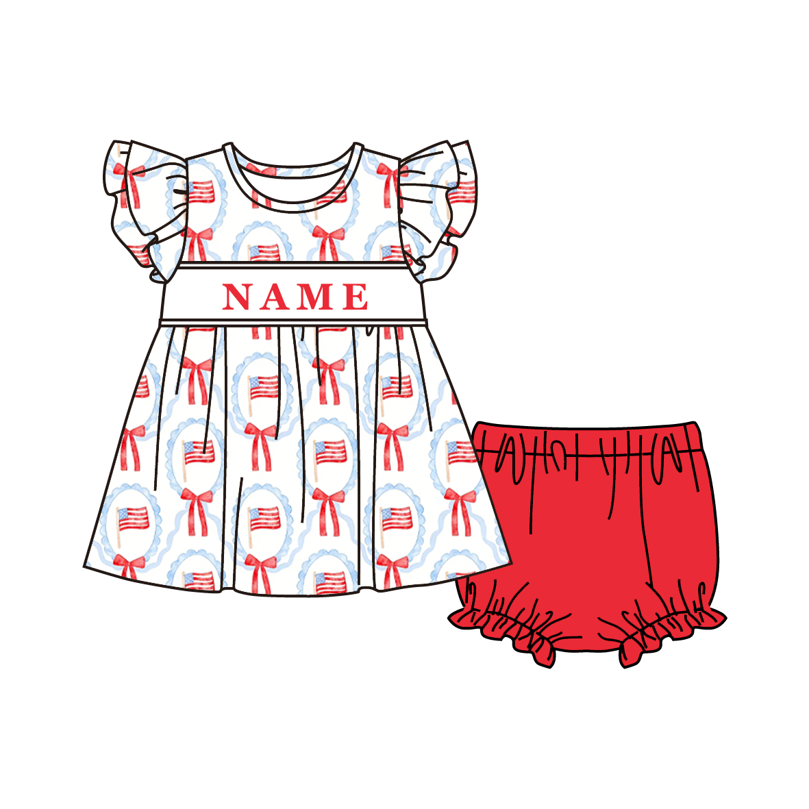 （Pre Order）Sisters Patriotic Embroidery Smocked Dress,Set&Romper-Customized name
