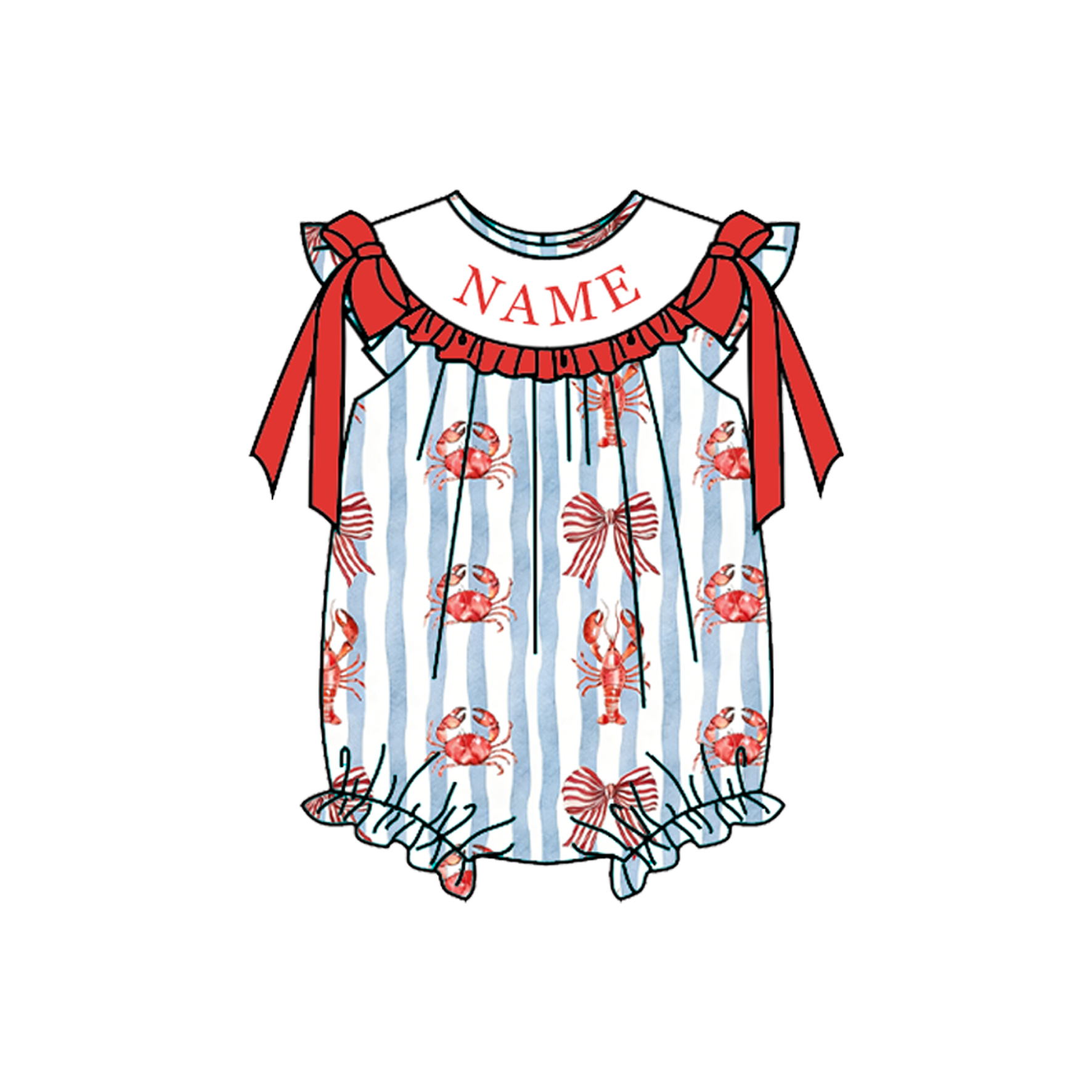 （Pre Order）Siblings Summer Lobster&Crab Embroidery Smocked Dress,Set&Romper-Customized name
