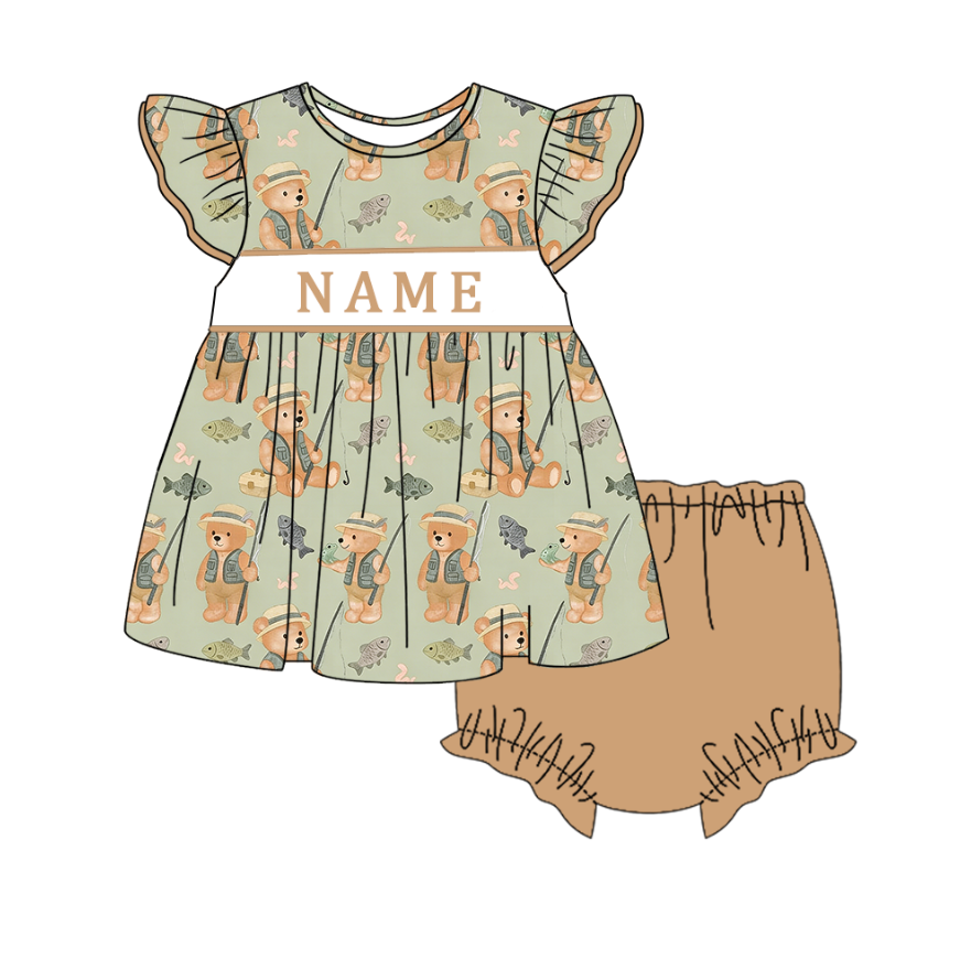 （Pre Order）Siblings Spring&Summer Bear Embroidery Smocked Dress,Set&Romper-Customized name