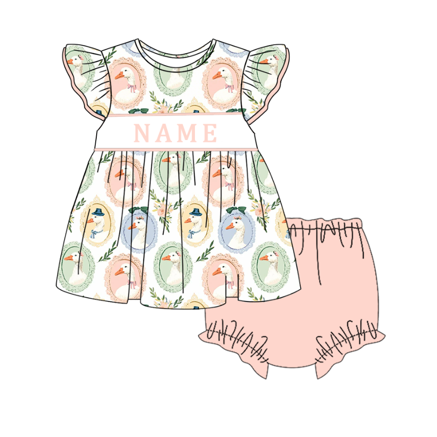 （Pre Order）Sisters Spring&Summer Goose Embroidery Smocked Dress,Set&Romper-Customized name