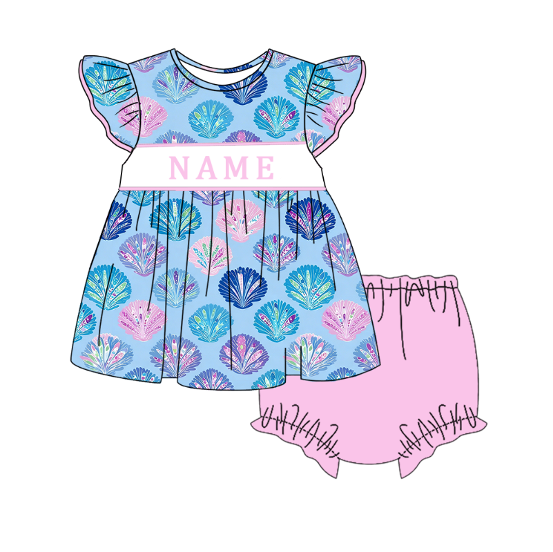 （Pre Order）Sisters Spring&Summer Seashell Embroidery Smocked Dress,Set&Romper-Customized name